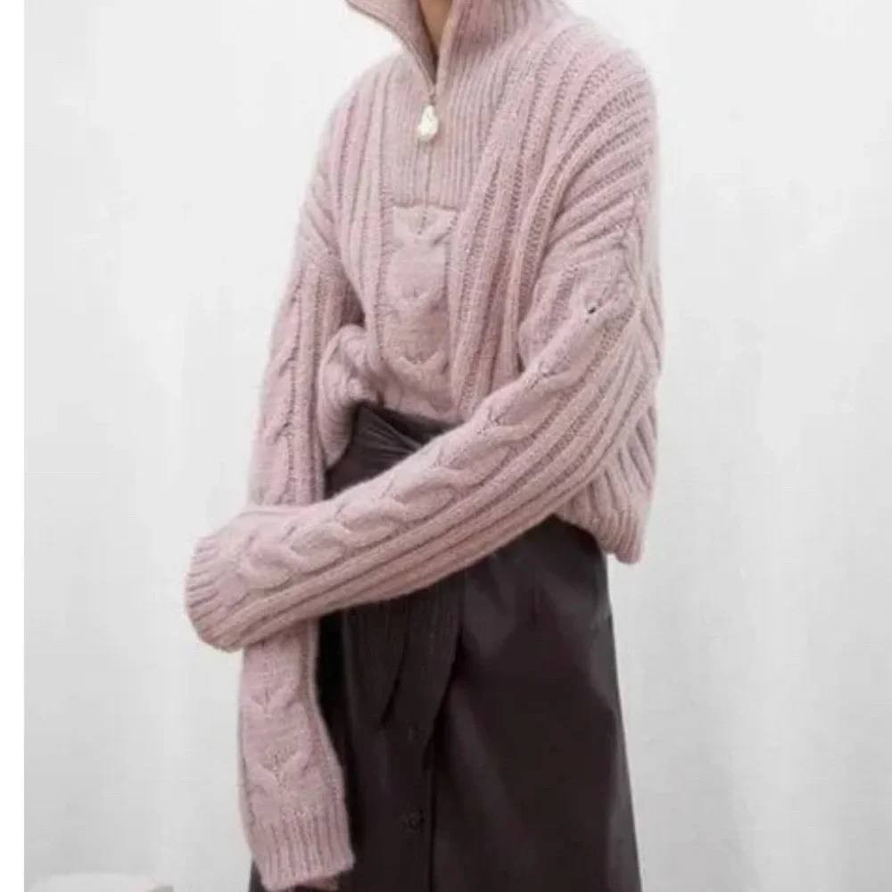NANUSHKA ERIA CROPPED FAUX PEARL-EMBELLISHED CABLE-KNIT SWEATER IN BLUSH - Picture 5 of 6